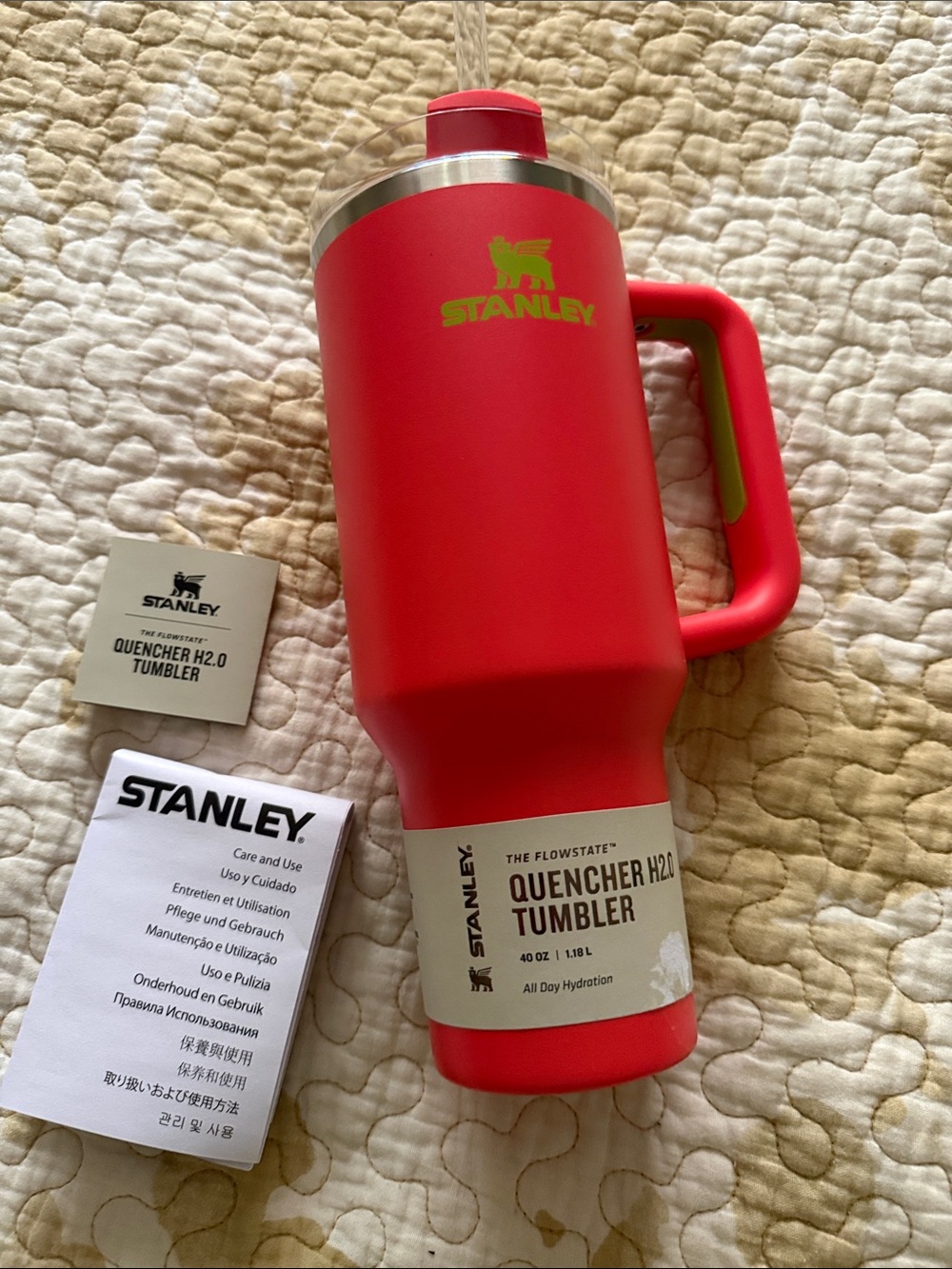 Stanley Hibiscus Color Tumbler with Lime Green Logo and Accents